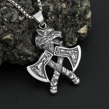 Vintage Vikings-Halskette mit Doppelaxt-Anhänger, 316L Edelstahl, verblasst nicht, klassische Wolfskopf-Halsketten, nordischer Schmuck